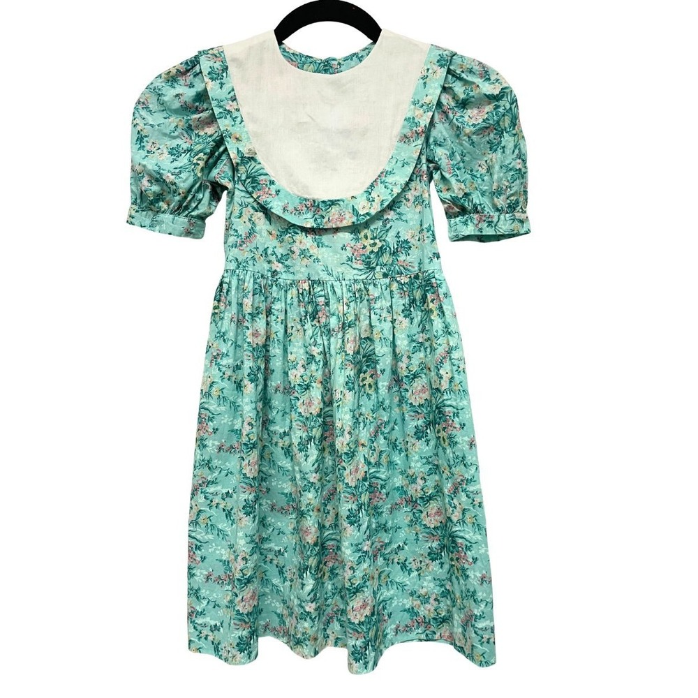 VTG‎ Girls Prairie Modest Floral Dress White Bib Collar Puff Sleeve Size 5